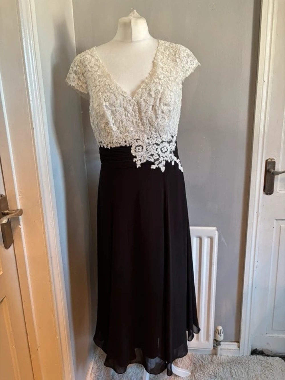 Ivory Lace & Black Maxi Dress with V-Neck Bodice